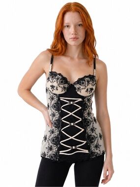 70s European Vintage Embroidered Lace Corset Longline Bustier Black/Cream/Pink M